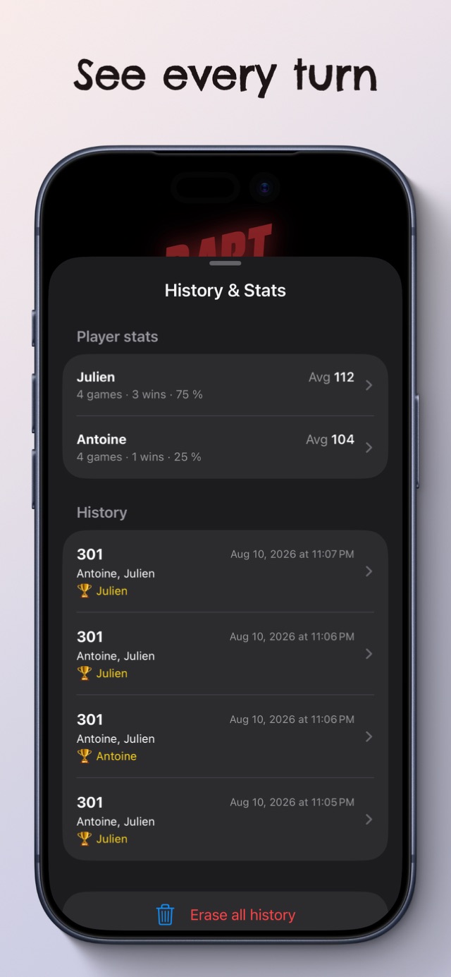 The History and Stats screen, listing every player and every past game