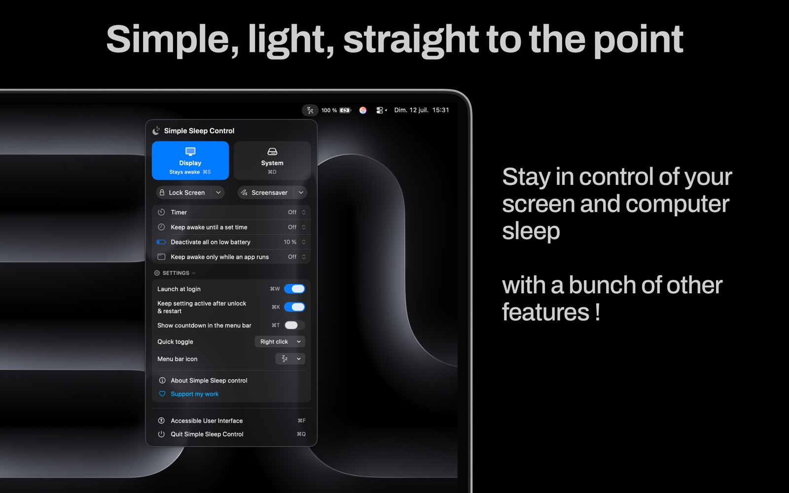 The Simple Sleep Control panel, with Display and System modes and every option at a glance
